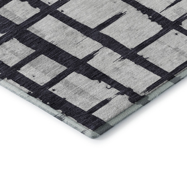 8' X 10' Black And Silver Striped Washable Area Rug With UV Protection