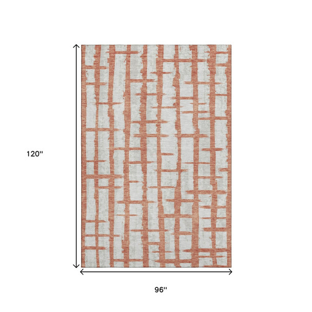 8' X 10' Coral And Beige Striped Washable Area Rug With UV Protection