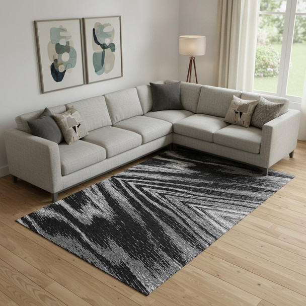 10' X 14' Black And Gray Abstract Washable Area Rug With UV Protection