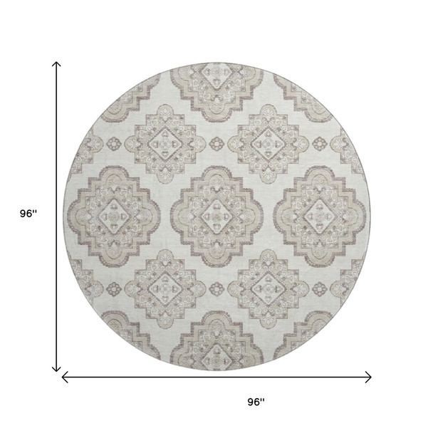 8' Ivory And Beige Medallion Washable Round Rug With UV Protection