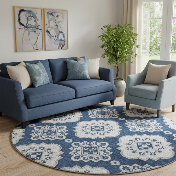 8' Navy Blue And Ivory Medallion Washable Round Rug With UV Protection