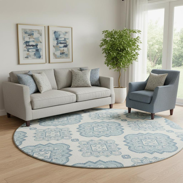 8' Teal And Ivory Medallion Washable Round Rug With UV Protection