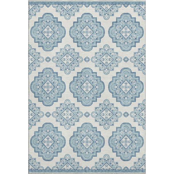10' X 14' Teal And Ivory Medallion Washable Area Rug With UV Protection