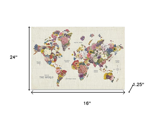 24" x 16" Fun Floral Map of the World Canvas Wall Art