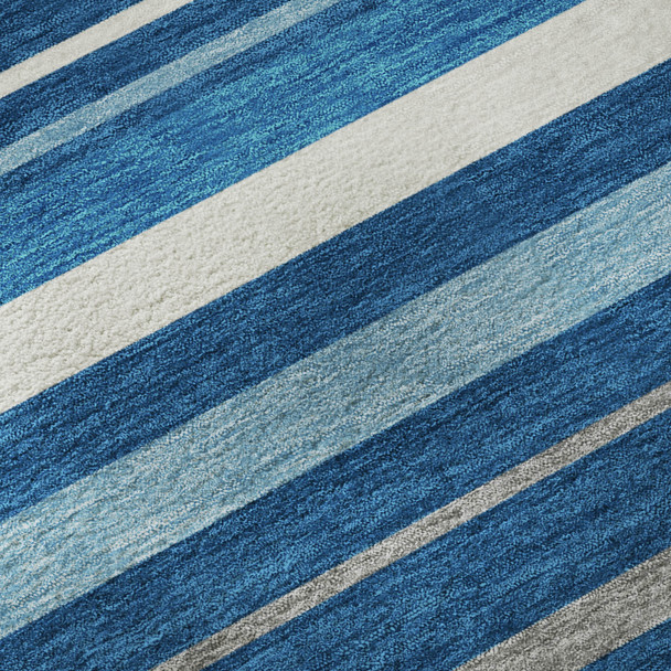 8' X 10' Denim Blue Ivory And Gray Striped Washable Area Rug With UV Protection