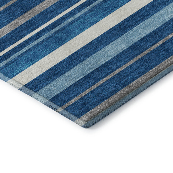 9' X 12' Denim Blue Ivory And Gray Striped Washable Area Rug With UV Protection