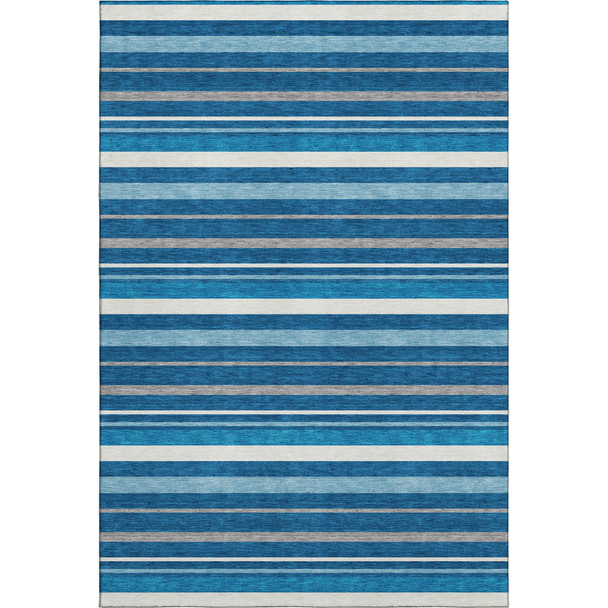 10' X 14' Denim Blue Ivory And Gray Striped Washable Area Rug With UV Protection