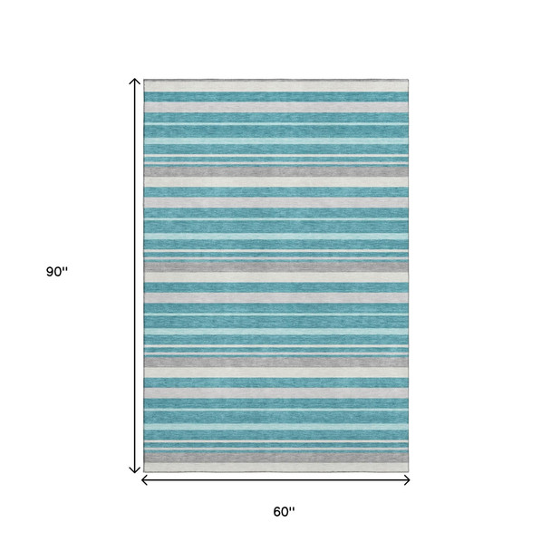 5' X 8' Teal Ivory And Gray Striped Washable Area Rug With UV Protection