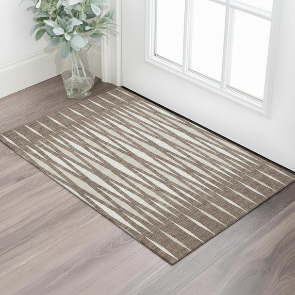 3' X 5' Brown And Ivory Geometric Washable Area Rug With UV Protection