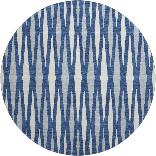 8' Navy Blue And Ivory Geometric Washable Round Rug With UV Protection