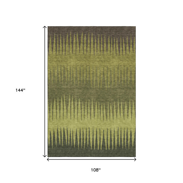 9' X 12' Olive Green Gray And Fern Green Striped Washable Area Rug With UV Protection
