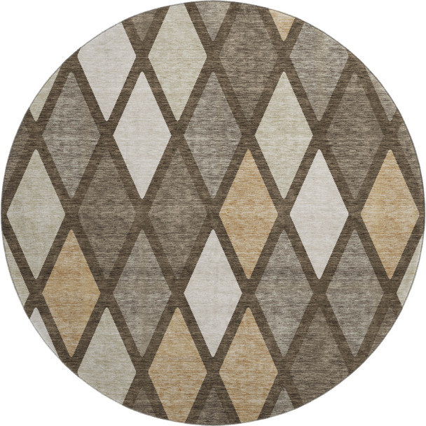 8' Brown Beige And Gold Geometric Washable Round Rug With UV Protection