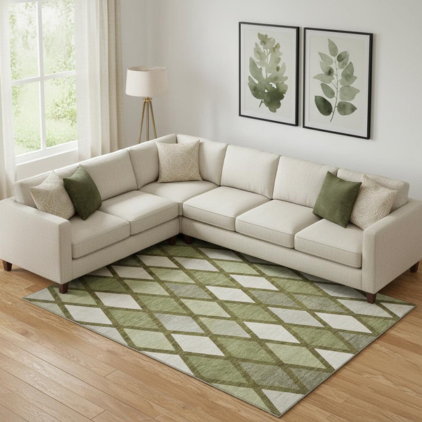 9' X 12' Olive Green And Ivory Geometric Washable Area Rug With UV Protection
