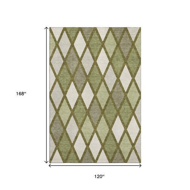 10' X 14' Olive Green And Ivory Geometric Washable Area Rug With UV Protection