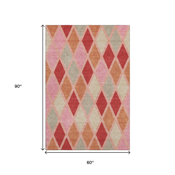 5' X 8' Pink Red And Gray Geometric Washable Area Rug With UV Protection