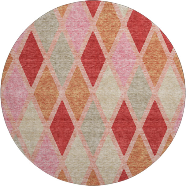 8' Pink Red And Gray Geometric Washable Round Rug With UV Protection