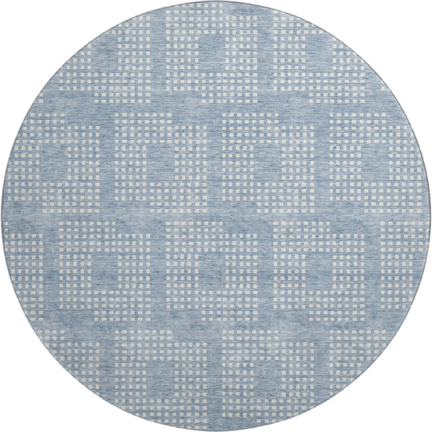 8' Sky Blue And Ivory Geometric Washable Round Rug With UV Protection