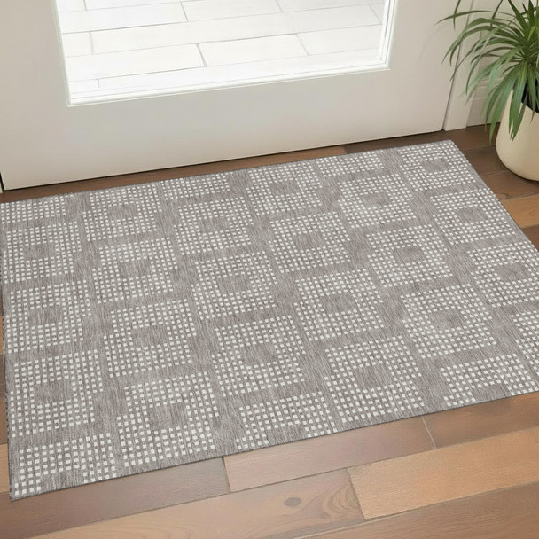 3' X 5' Taupe And Ivory Geometric Washable Area Rug With UV Protection