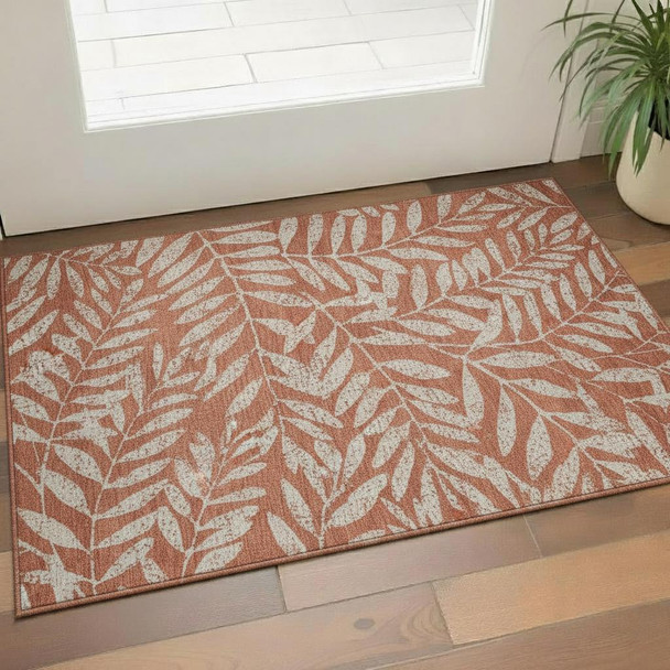 3' X 5' Rust And Beige Floral Washable Area Rug With UV Protection
