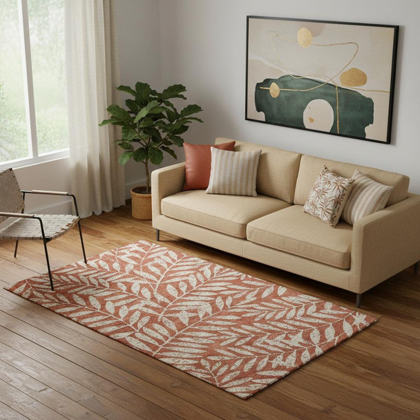 5' X 8' Rust And Beige Floral Washable Area Rug With UV Protection