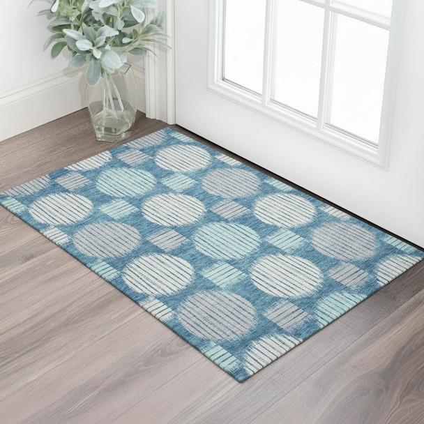 3' X 5' Teal Ivory And Gray Geometric Washable Area Rug With UV Protection