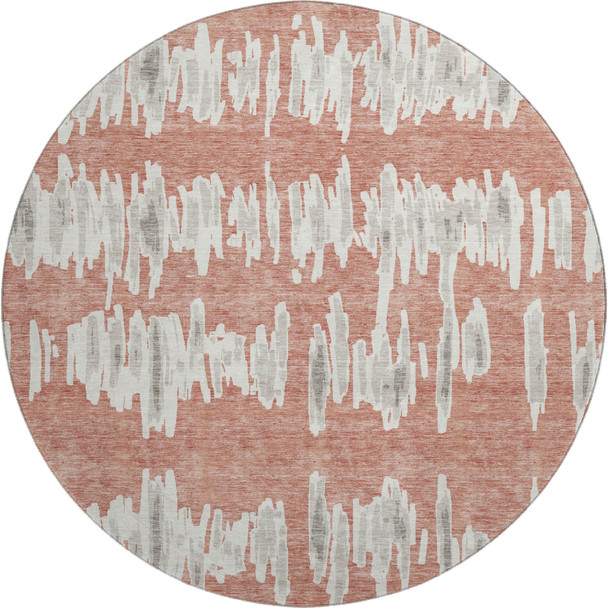 8' Salmon And Beige Striped Washable Round Rug With UV Protection