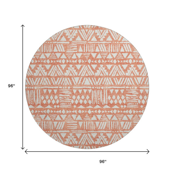 8' Coral And Beige Southwestern Washable Round Rug With UV Protection