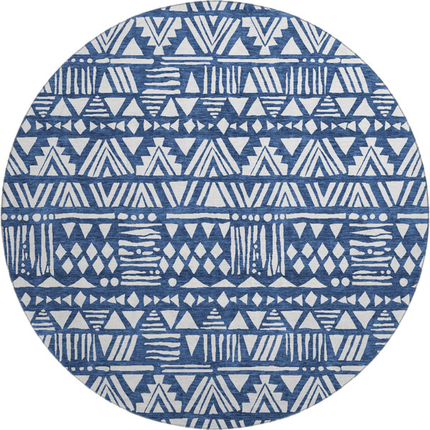 8' Navy Blue And Ivory Southwestern Washable Round Rug With UV Protection