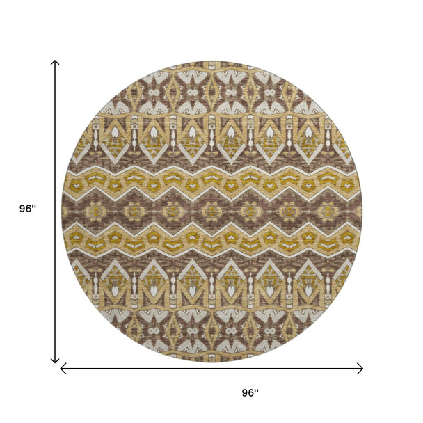 8' Gold Brown And Ivory Moroccan Washable Round Rug With UV Protection