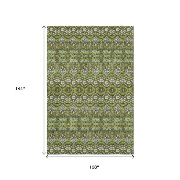 9' X 12' Olive Green And Beige Moroccan Washable Area Rug With UV Protection