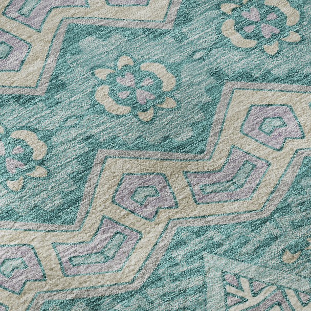 5' X 8' Teal Beige And Ivory Moroccan Washable Area Rug With UV Protection