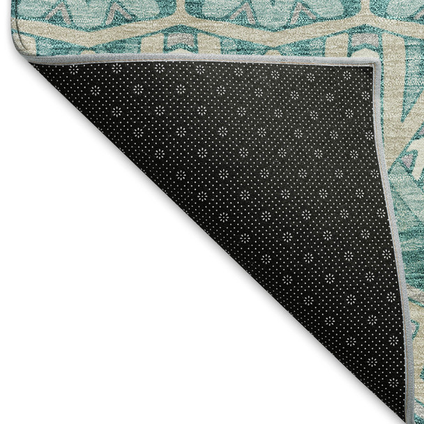 8' Teal Beige And Ivory Moroccan Washable Round Rug With UV Protection