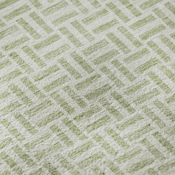8' Artichoke Green And Ivory Geometric Washable Round Rug With UV Protection