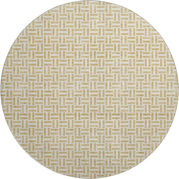 8' Gold And Ivory Geometric Washable Round Rug With UV Protection