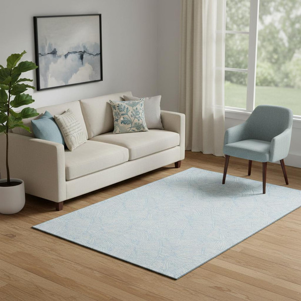 5' X 8' Sky Blue And Ivory Floral Washable Area Rug With UV Protection