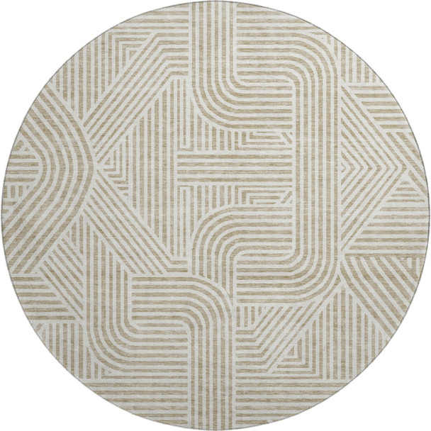 8' Beige And Ivory Abstract Geometric Washable Round Rug With UV Protection