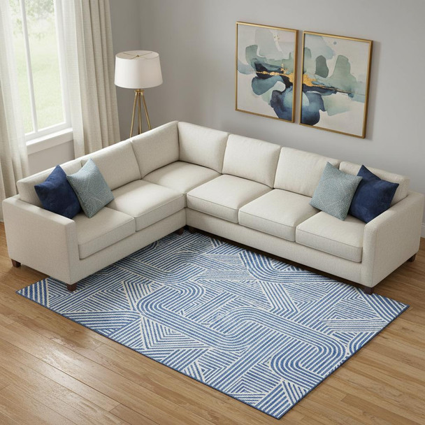 10' X 14' Blue And Ivory Abstract Geometric Washable Area Rug With UV Protection