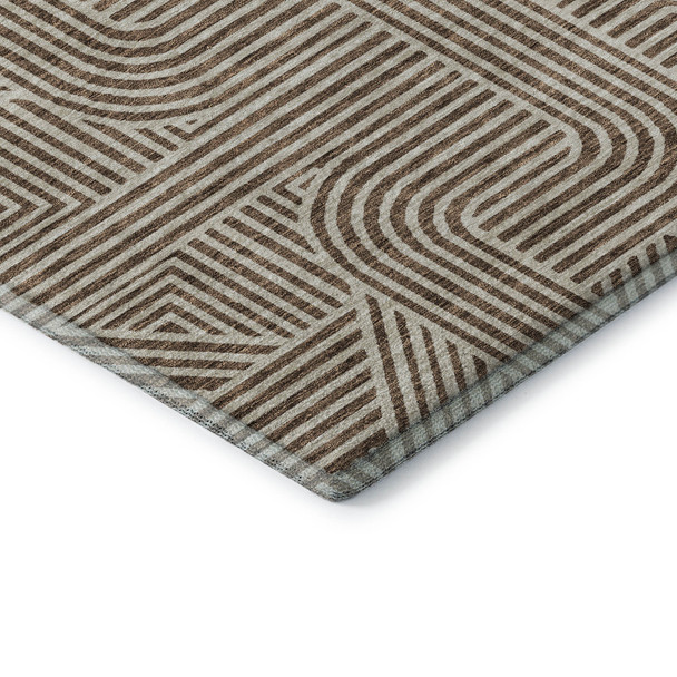 8' Brown And Ivory Abstract Geometric Washable Round Rug With UV Protection