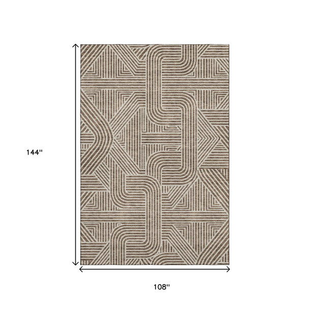 9' X 12' Brown And Ivory Abstract Geometric Washable Area Rug With UV Protection