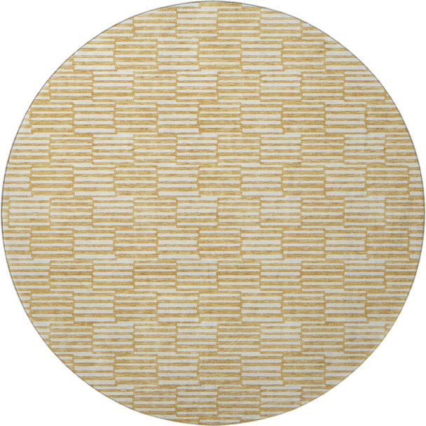 8' Gold And Ivory Abstract Geometric Washable Round Rug With UV Protection