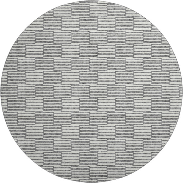 8' Gray And Ivory Abstract Geometric Washable Round Rug With UV Protection