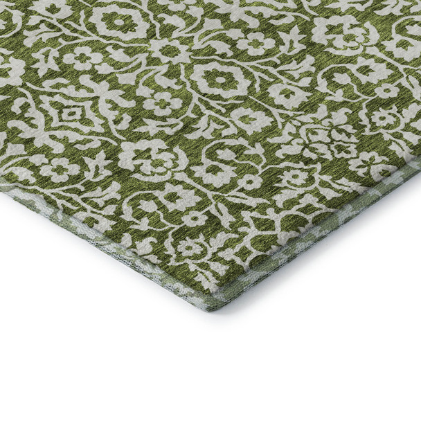 10' X 14' Olive Green And Ivory Damask Washable Area Rug With UV Protection