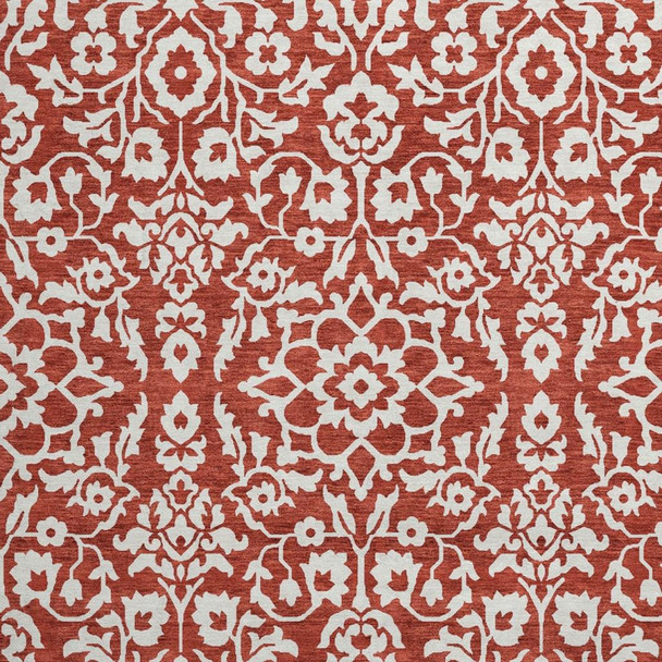 8' Red And Ivory Damask Washable Round Rug With UV Protection