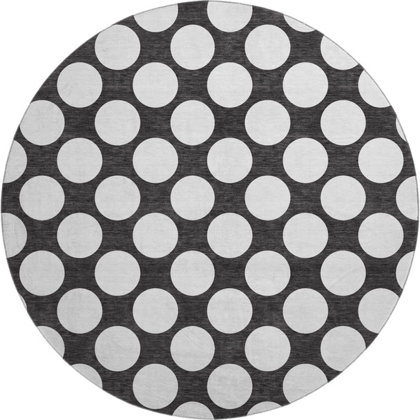 8' Black And White Polka Dot Washable Round Rug With UV Protection