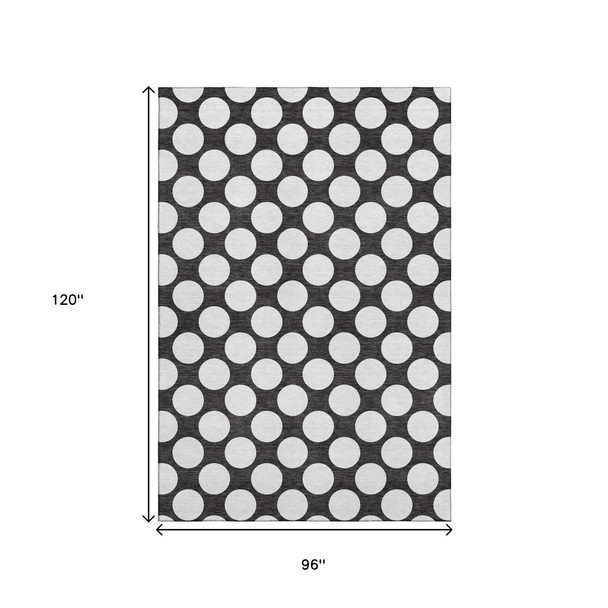8' X 10' Black And White Polka Dot Washable Area Rug With UV Protection