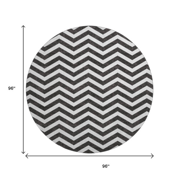 8' Black And Ivory Chevron Washable Round Rug With UV Protection
