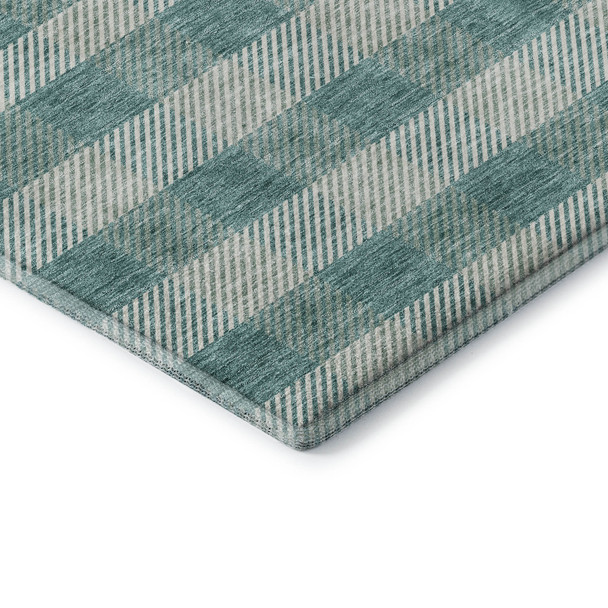 8' Teal And Ivory Plaid Washable Round Rug With UV Protection
