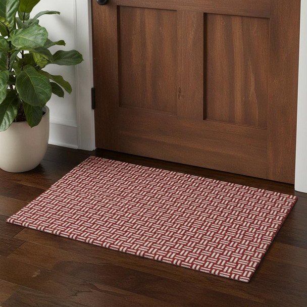 3' X 5' Red And Ivory Abstract Geometric Washable Area Rug With UV Protection