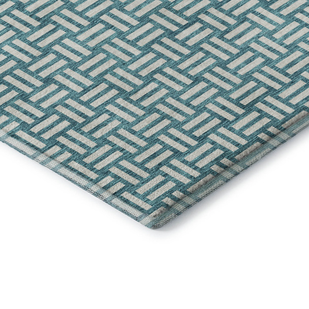 8' Teal And Ivory Abstract Geometric Washable Round Rug With UV Protection