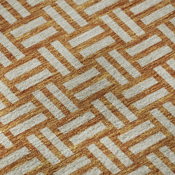 8' Terra Cotta And Beige Abstract Geometric Washable Round Rug With UV Protection